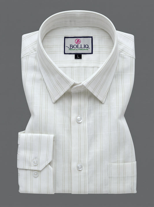 BOLLIQ Ivory Soft Sage Stripe 100% Cotton Linen Shirt