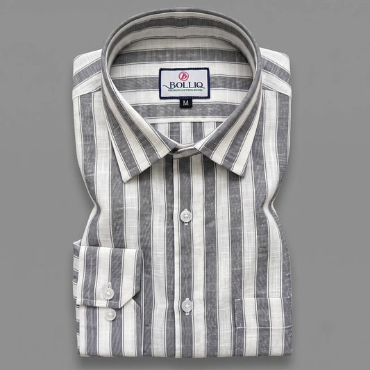 BOLLIQ Premium Charcoal Grey Stripe 100% Cotton Linen Shirt