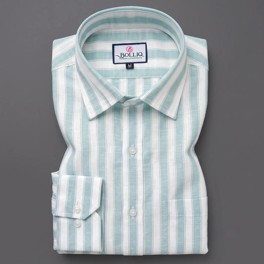 BOLLIQ Premium Seafoam Green Stripe 100% Cotton Linen Shirt