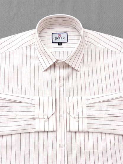 BOLLIQ Signature Ivory Wine Stripe 100% Cotton Linen Shirt