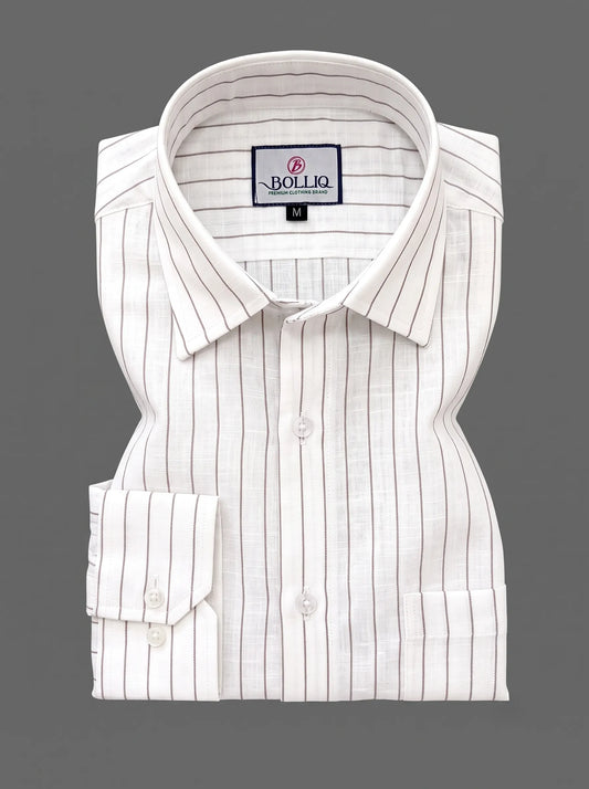 BOLLIQ Heritage Ivory Brown Stripe 100% Cotton Linen Shirt