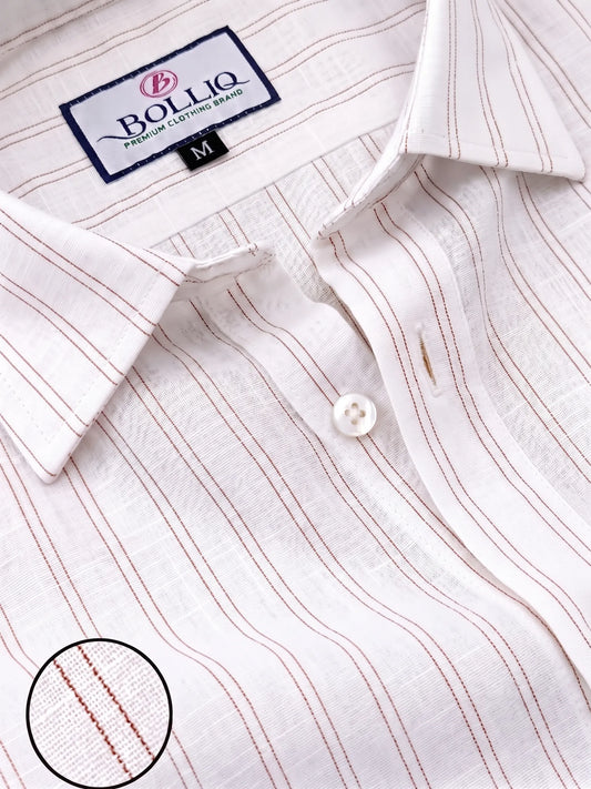 BOLLIQ Premium Ivory White Brown Stripe 100 %  Cotton-Linen Shirt