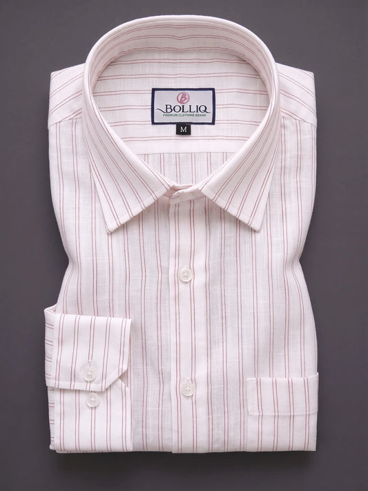 BOLLIQ Premium Ivory Red Stripe 100% Cotton Linen Shirt