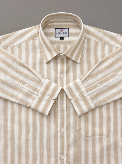 BOLLIQ Sandstone Stripe 100% Cotton Linen Shirt