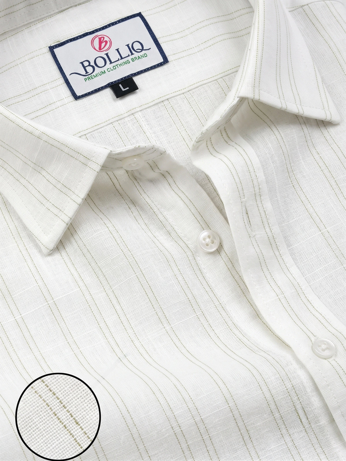 BOLLIQ Ivory Soft Sage Stripe 100% Cotton Linen Shirt