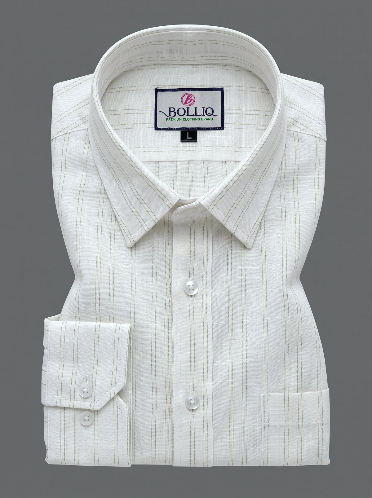 BOLLIQ Ivory Soft Sage Stripe 100% Cotton Linen Shirt