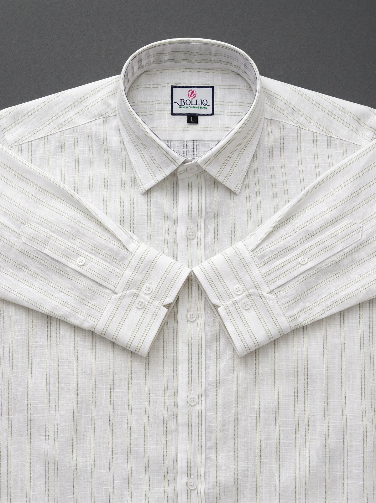 BOLLIQ Ivory Soft Sage Stripe 100% Cotton Linen Shirt