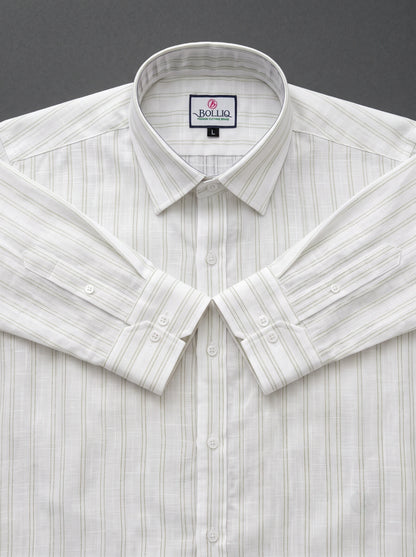 BOLLIQ Ivory Soft Sage Stripe 100% Cotton Linen Shirt