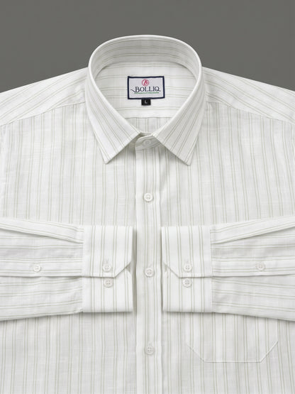 BOLLIQ Ivory Soft Sage Stripe 100% Cotton Linen Shirt