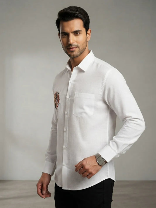 Bolliq Premium lion Embroidery White 100% Cotton Linen Shirt