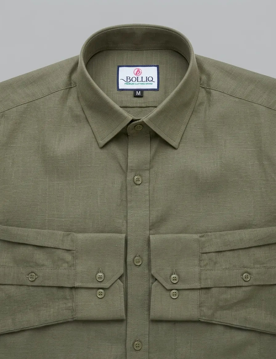 BOLLIQ Premium Sage Olive 100 % Cotton Linen Shirt