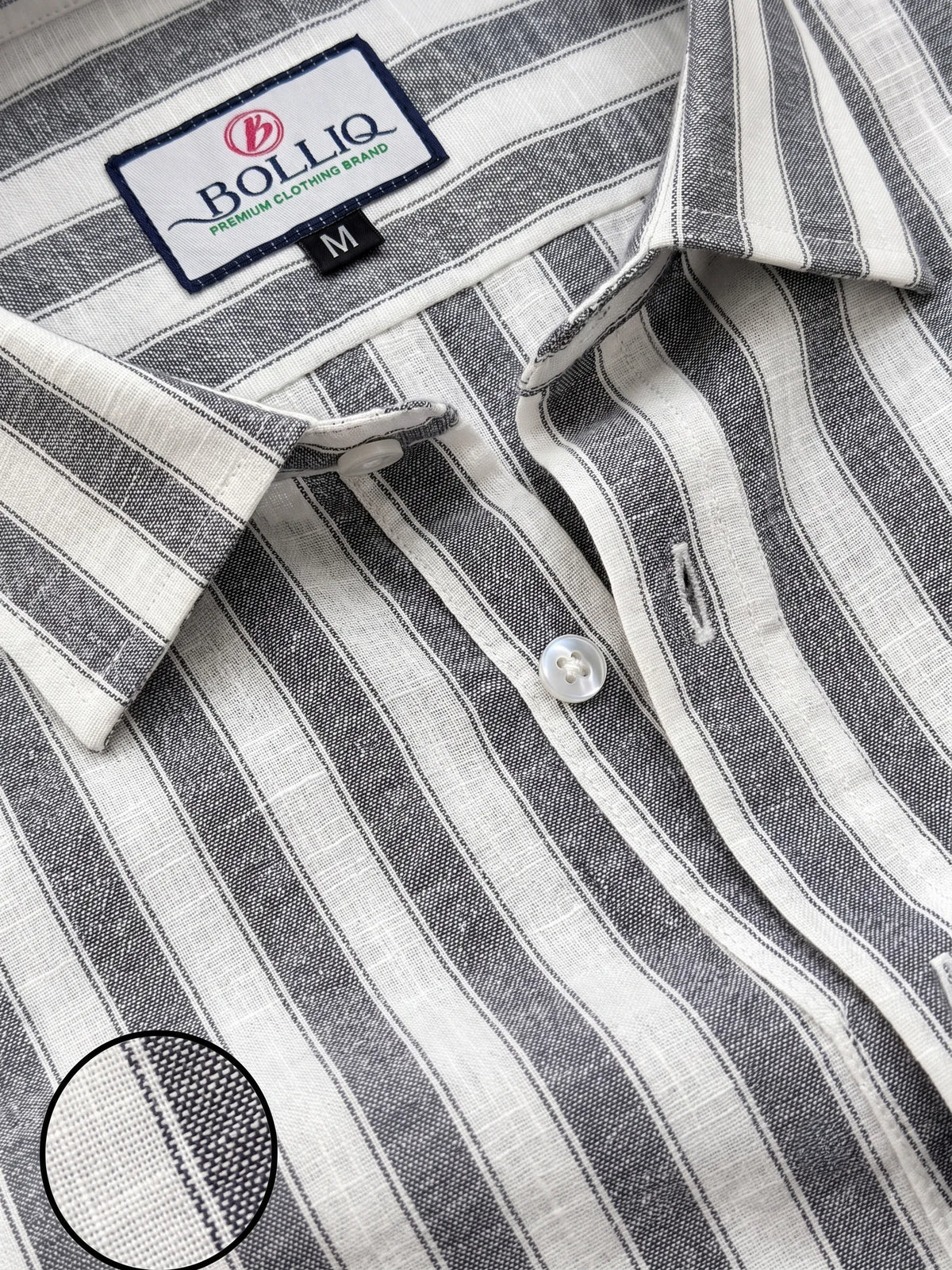 BOLLIQ Premium Charcoal Grey Stripe 100% Cotton Linen Shirt