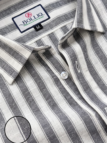 BOLLIQ Premium Charcoal Grey Stripe 100% Cotton Linen Shirt
