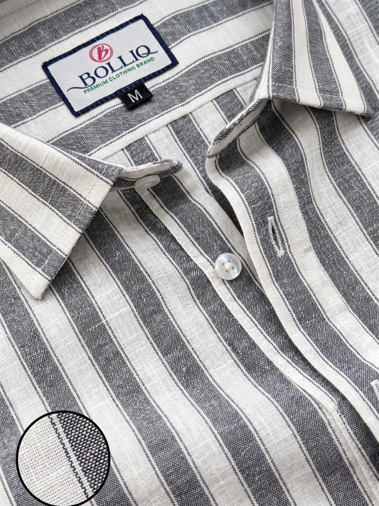 BOLLIQ Premium Charcoal Grey Stripe 100% Cotton Linen Shirt