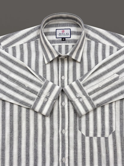 BOLLIQ Premium Charcoal Grey Stripe 100% Cotton Linen Shirt