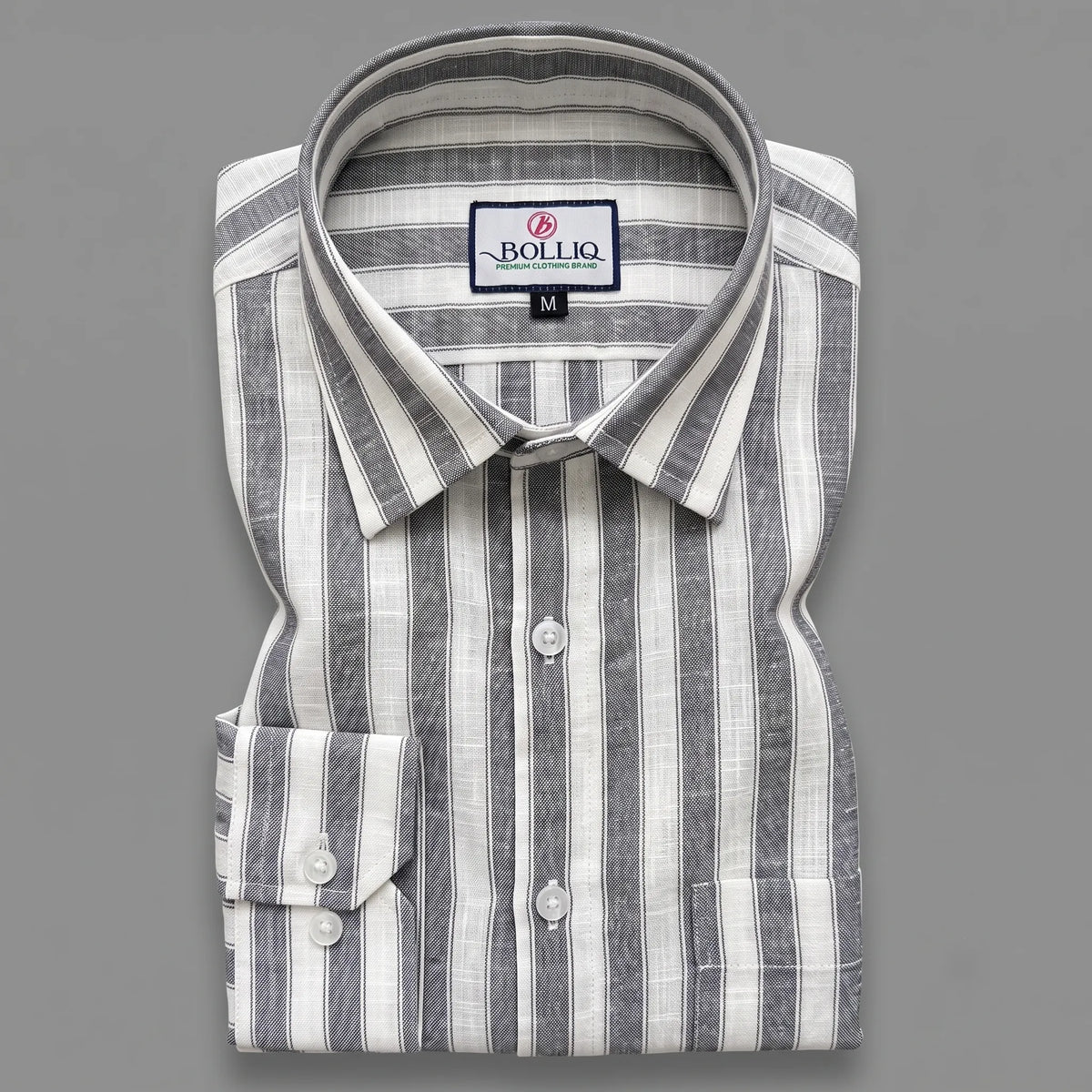 BOLLIQ Premium Charcoal Grey Stripe 100% Cotton Linen Shirt