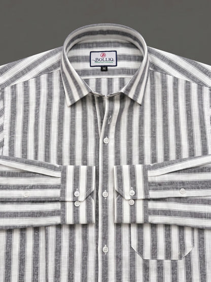 BOLLIQ Premium Charcoal Grey Stripe 100% Cotton Linen Shirt
