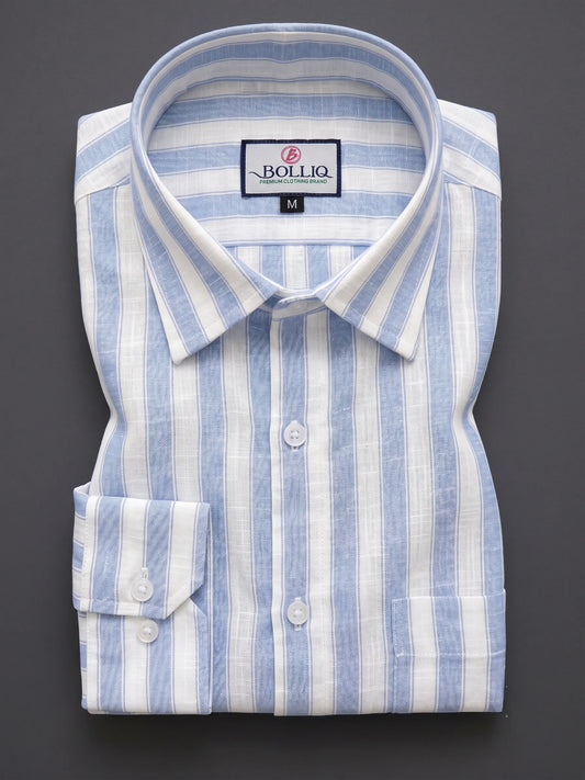 BOLLIQ Premium Sky Blue Stripe 100% Cotton Linen Shirt