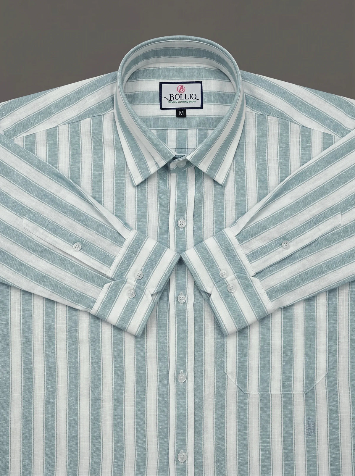 BOLLIQ Premium Seafoam Green Stripe 100% Cotton Linen Shirt