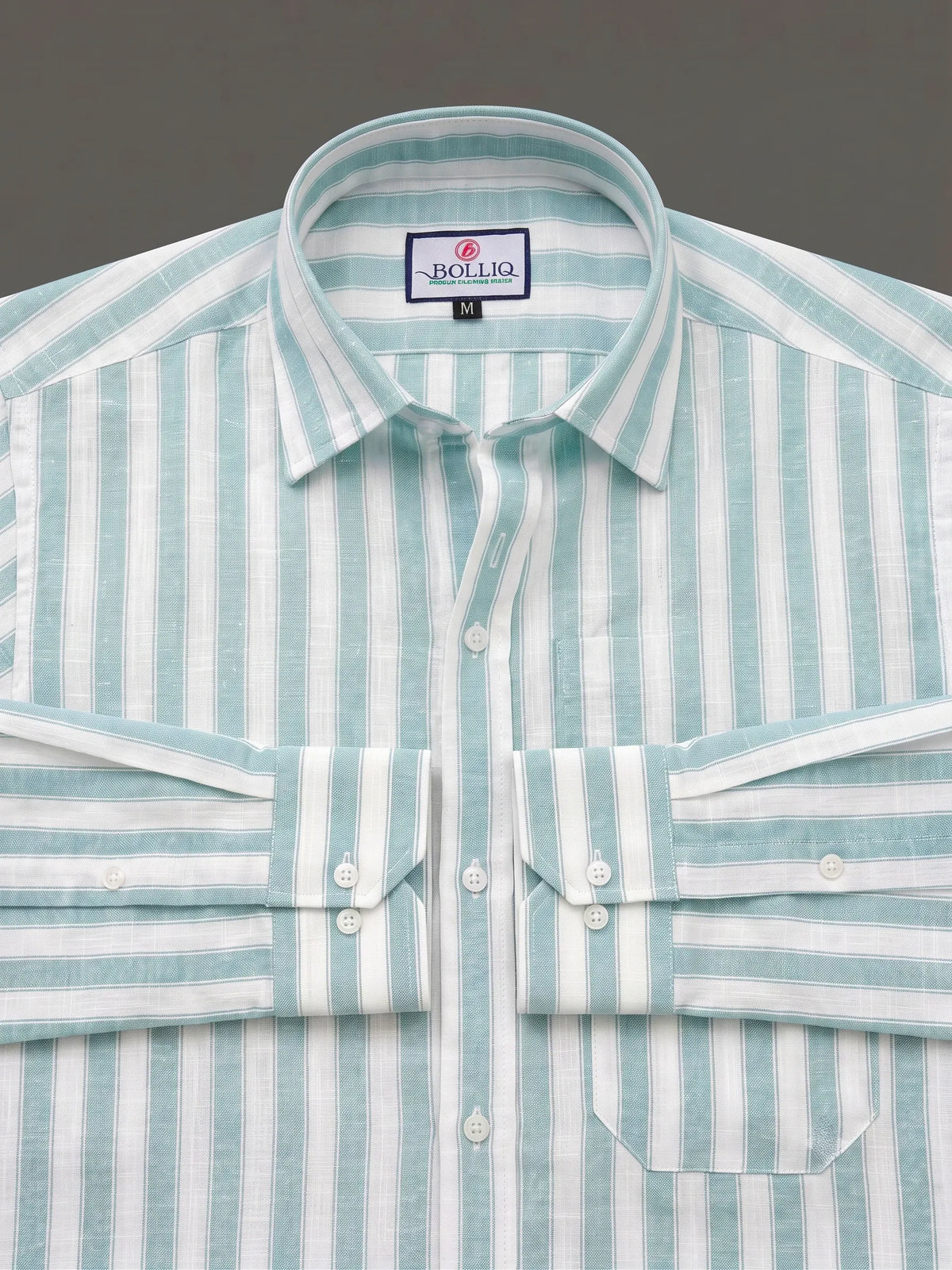 BOLLIQ Premium Seafoam Green Stripe 100% Cotton Linen Shirt