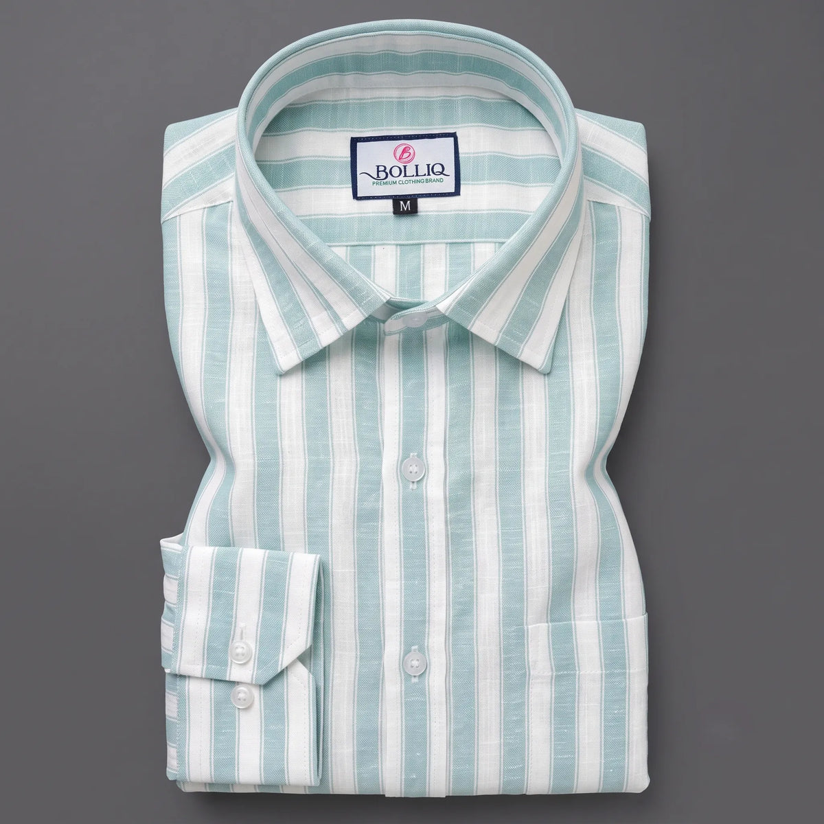 BOLLIQ Premium Seafoam Green Stripe 100% Cotton Linen Shirt