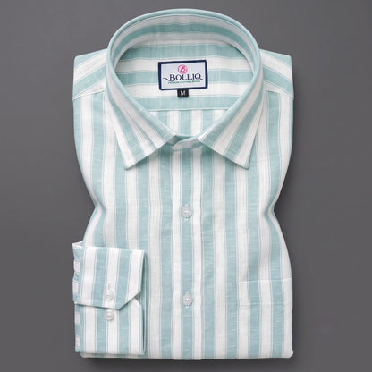 BOLLIQ Premium Seafoam Green Stripe 100% Cotton Linen Shirt