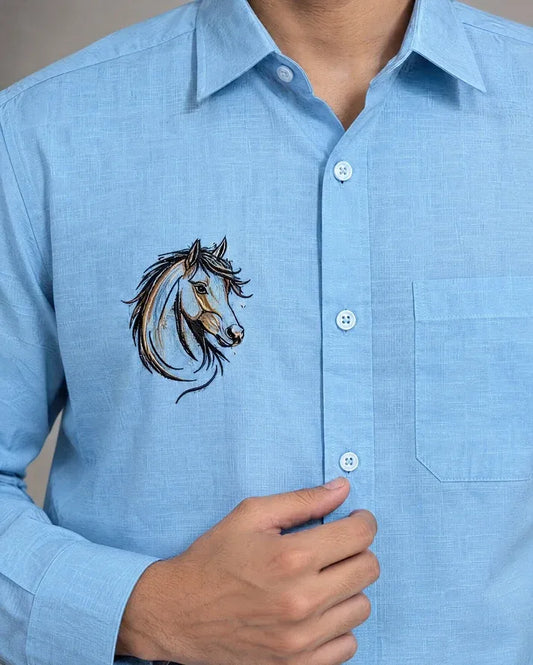 Bolliq Premium horse Embroidery Sky Blue 100% Cotton Linen Shirt