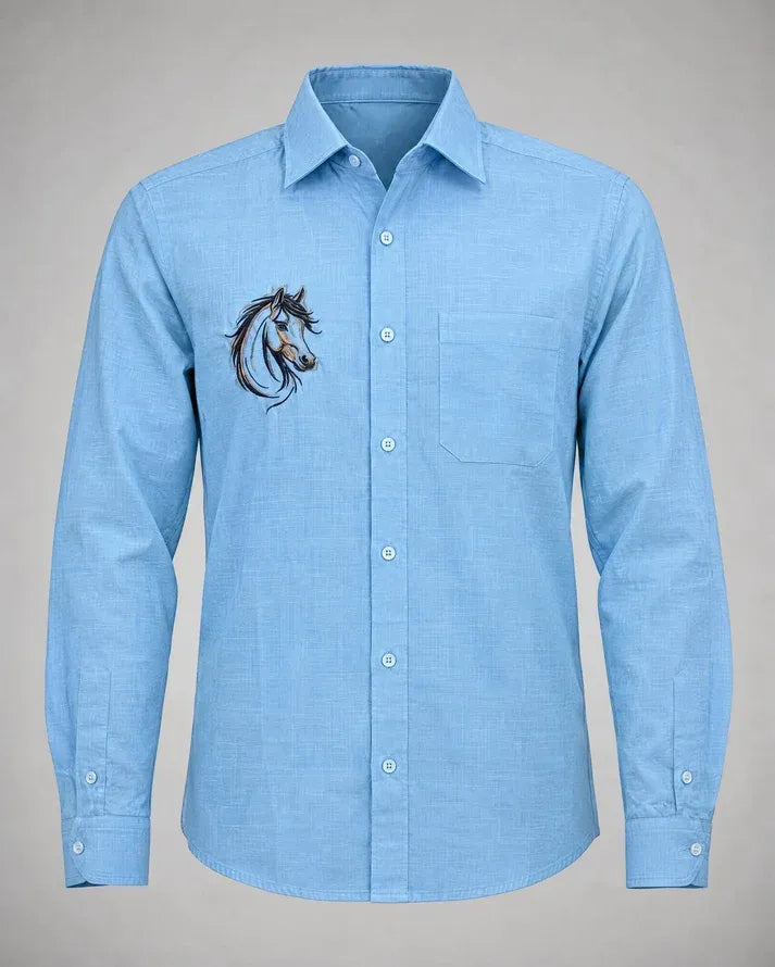 Bolliq Premium horse Embroidery Sky Blue 100% Cotton Linen Shirt
