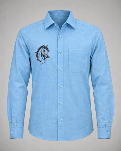 Bolliq Premium horse Embroidery Sky Blue 100% Cotton Linen Shirt