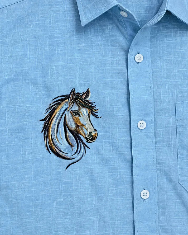Bolliq Premium horse Embroidery Sky Blue 100% Cotton Linen Shirt