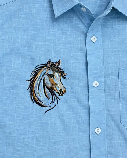 Bolliq Premium horse Embroidery Sky Blue 100% Cotton Linen Shirt
