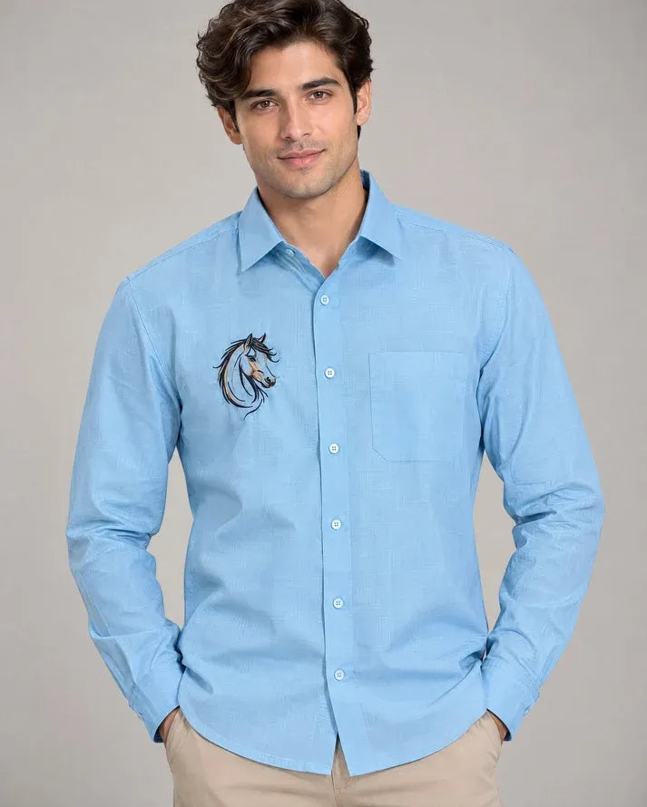 Bolliq Premium horse Embroidery Sky Blue 100% Cotton Linen Shirt